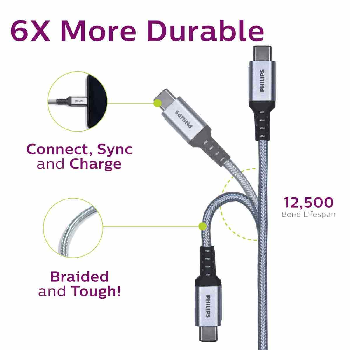 Philips Elite 6ft. USB-C Braided Charging Cable with Aluminum Connectors, Silver