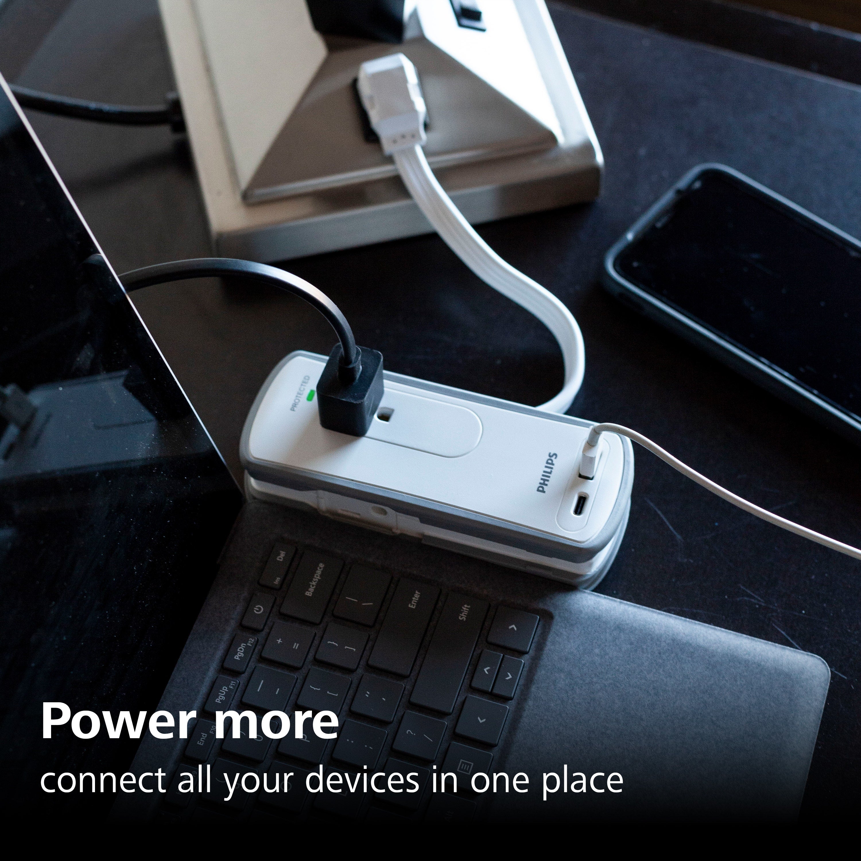 Philips 2-Outlet 2-USB Travel Charging Station with Surge Protection, White/Gray