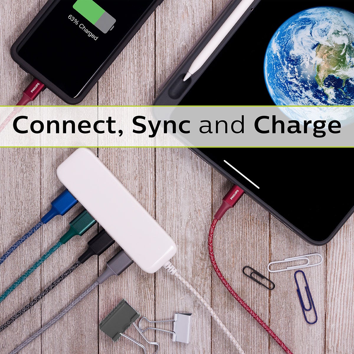 Philips 6in. USB-A to USB-C Braided Charging Cable, Brick Red