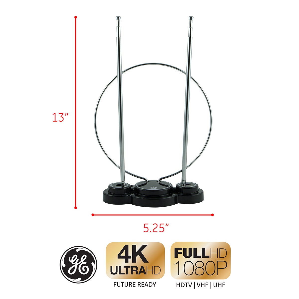 GE Traditional Loop and Rabbit Ears HD Antenna, Black