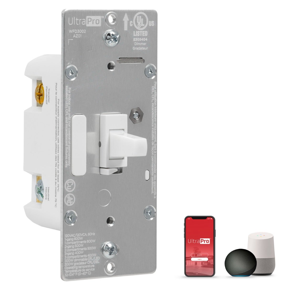 UltraPro WiFi In-Wall Smart Toggle Dimmer With QuickFit™ And SimpleWire™, White