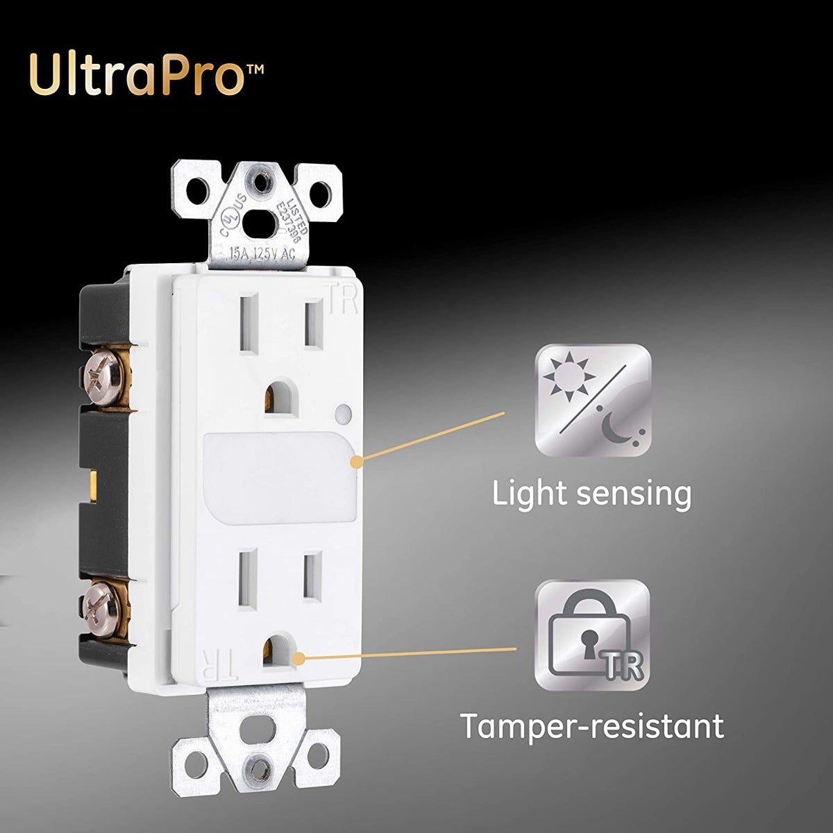 GE UltraPro Grounding Duplex Tamper Resistant Receptacle with Light Sensing Guide Light, White