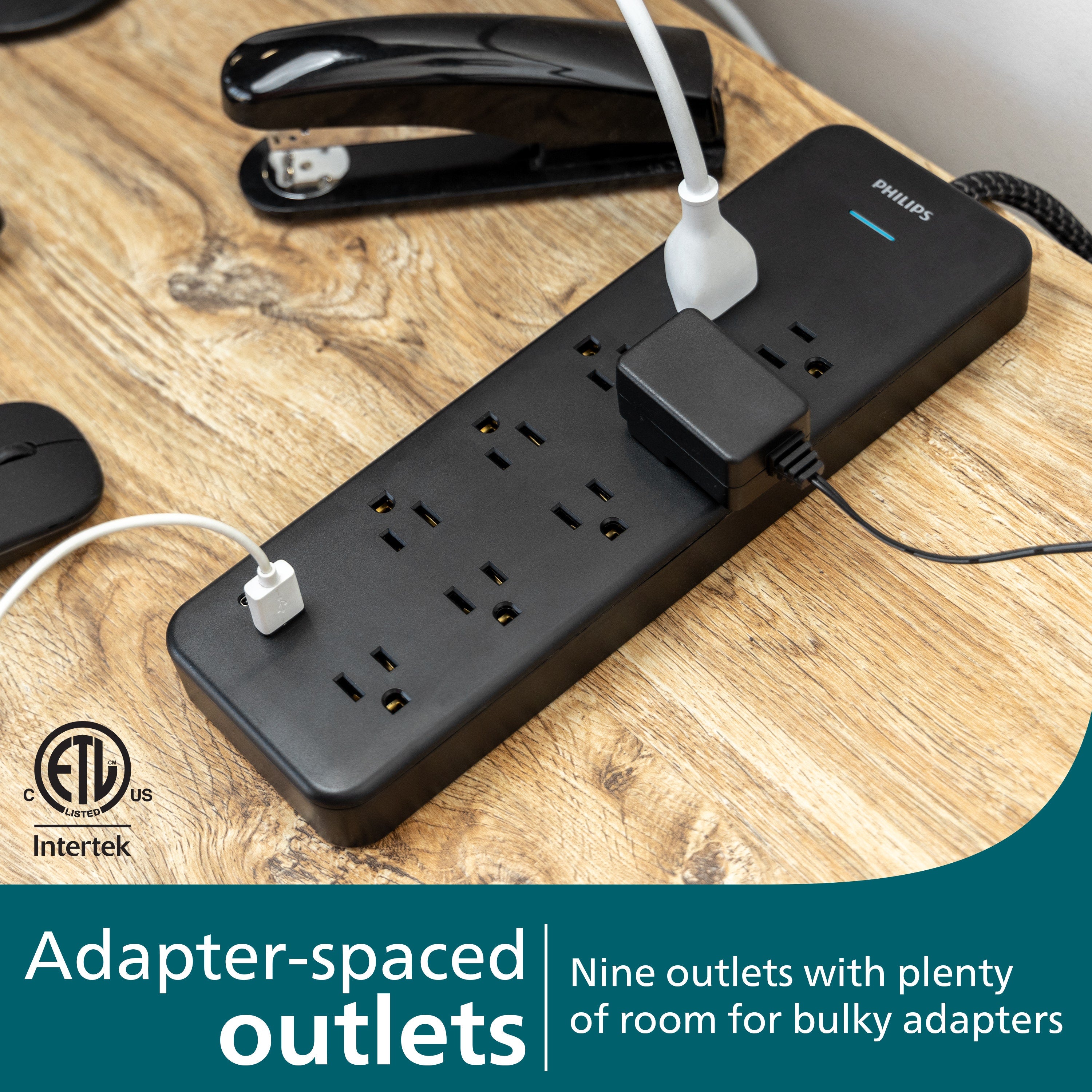Philips 9-Outlet 6ft. 1 USB-A 1 USB-C Surge Protector With Adapter-Spaced Outlets, Black