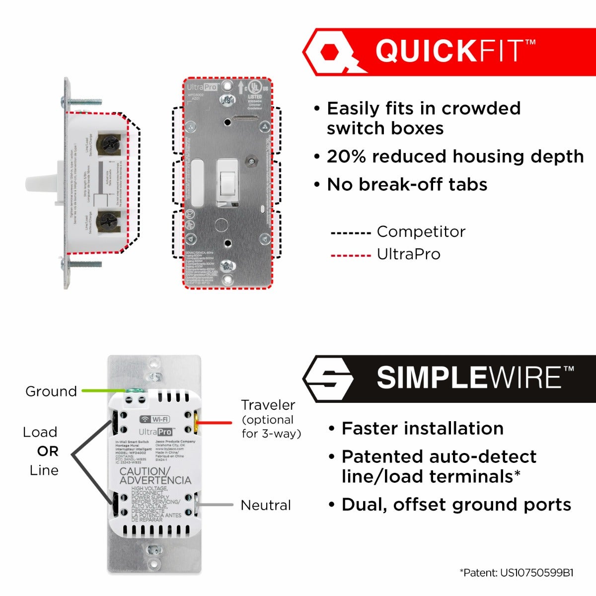 UltraPro WiFi In-Wall Smart Toggle Dimmer With QuickFit™ And SimpleWire™, White