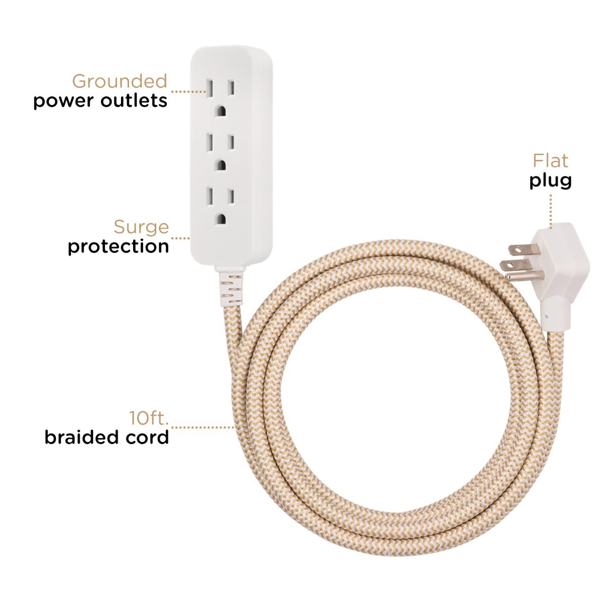 Cordinate 3-Outlet 10ft. Braided Extension Cord with Surge Protection, White/Tan