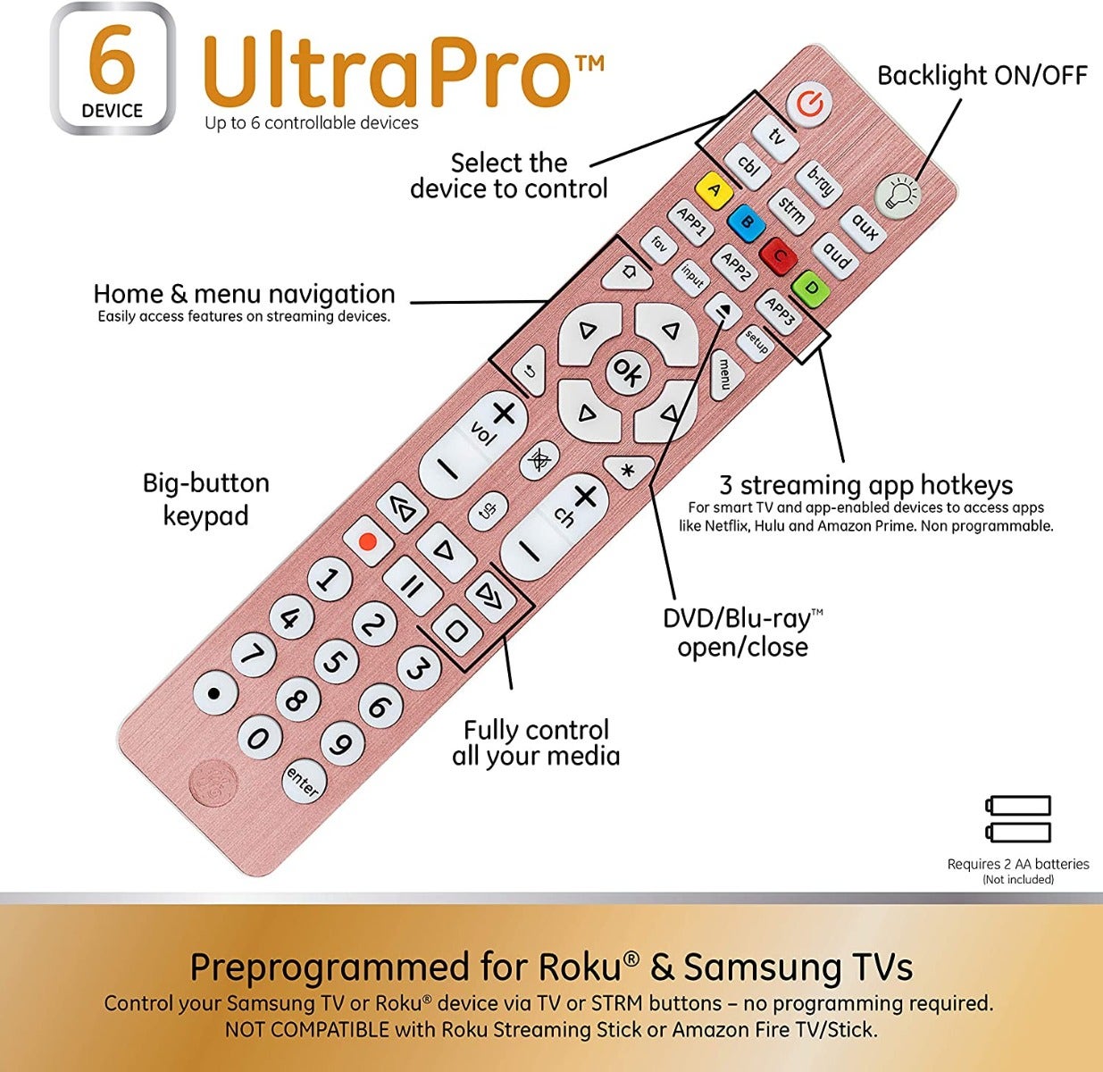 GE 6-Device Backlit Universal Remote, Brushed Rose Gold