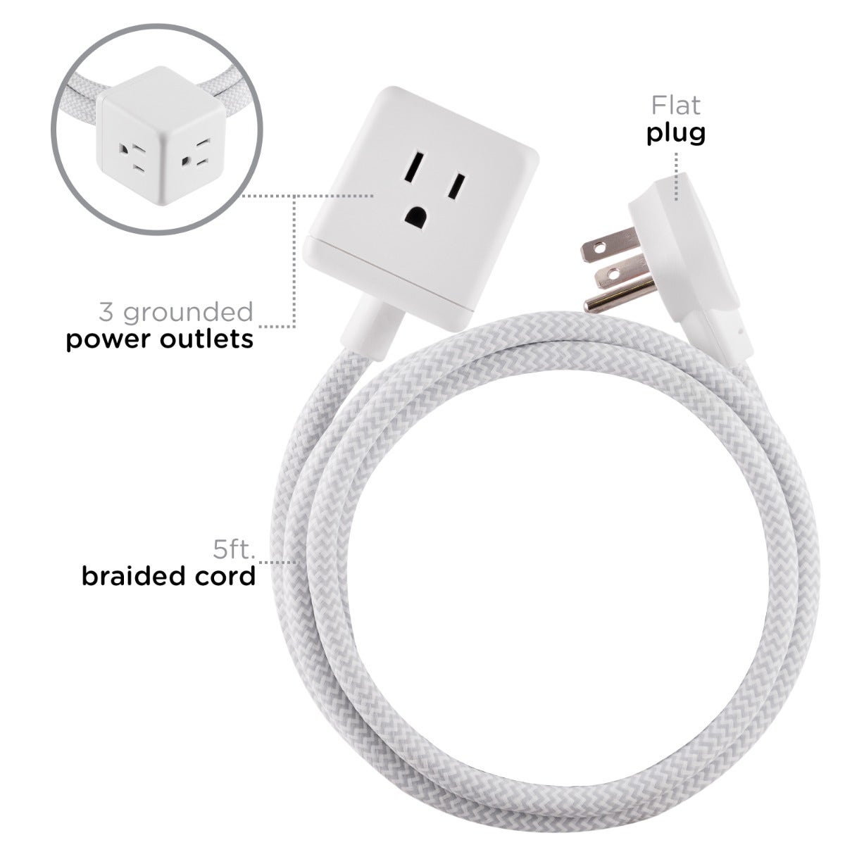 Cordinate 3-Outlet 5ft. Braided Extension Cord Cube, White