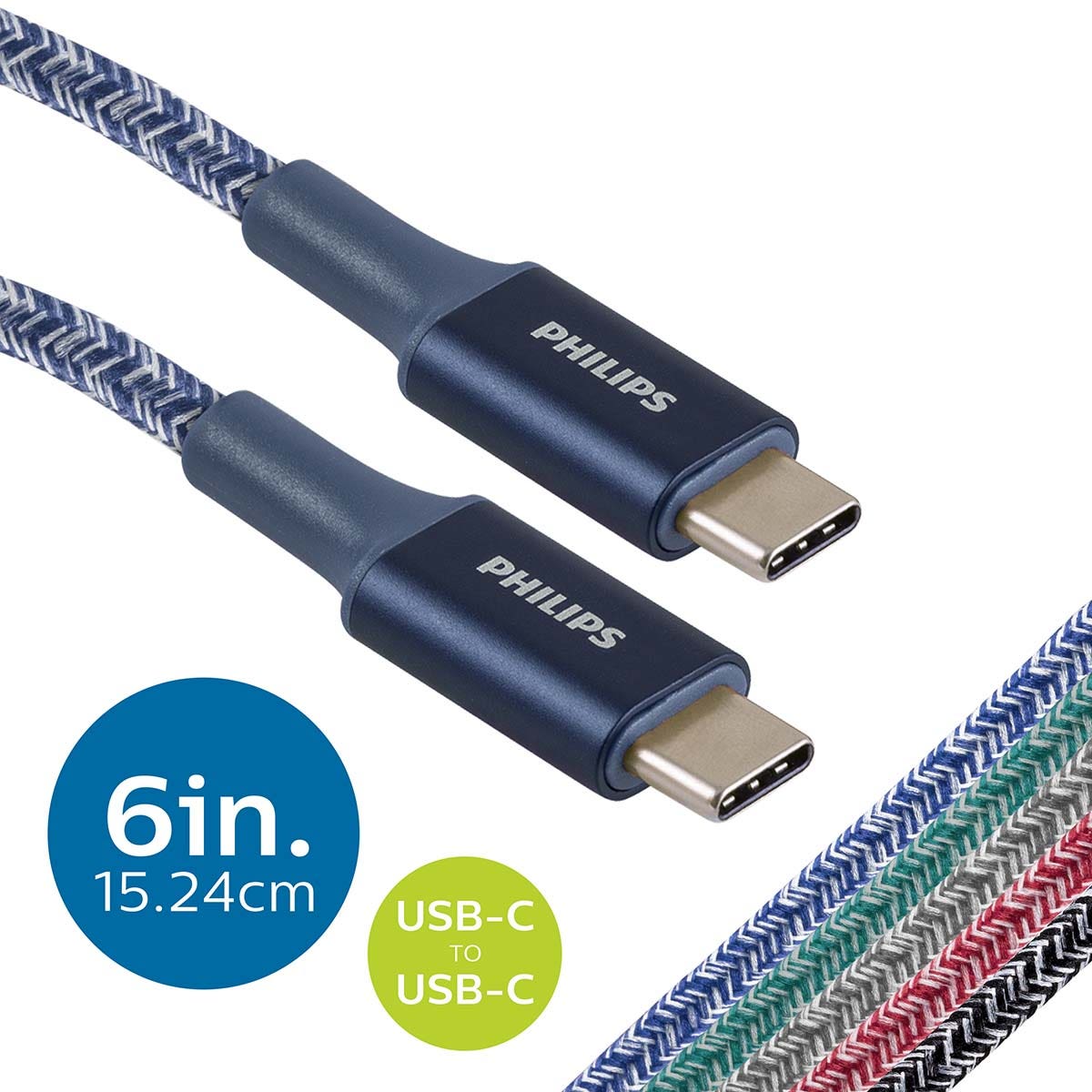 Philips 6in. USB-C to USB-C Braided Charging Cable, Blue