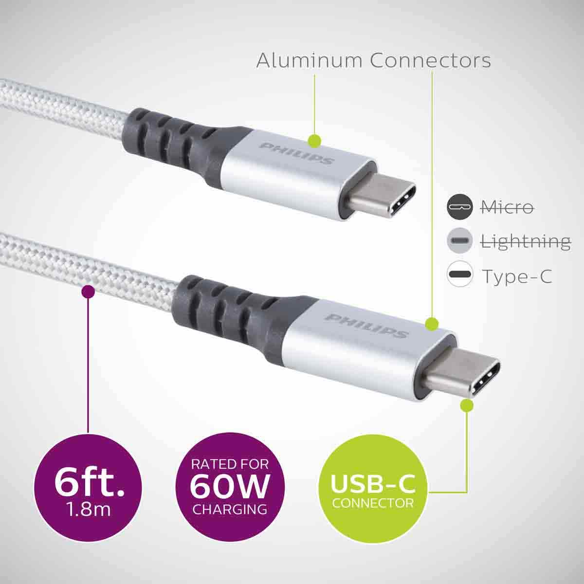 Philips Elite 6ft. USB-C Braided Charging Cable with Aluminum Connectors, Silver