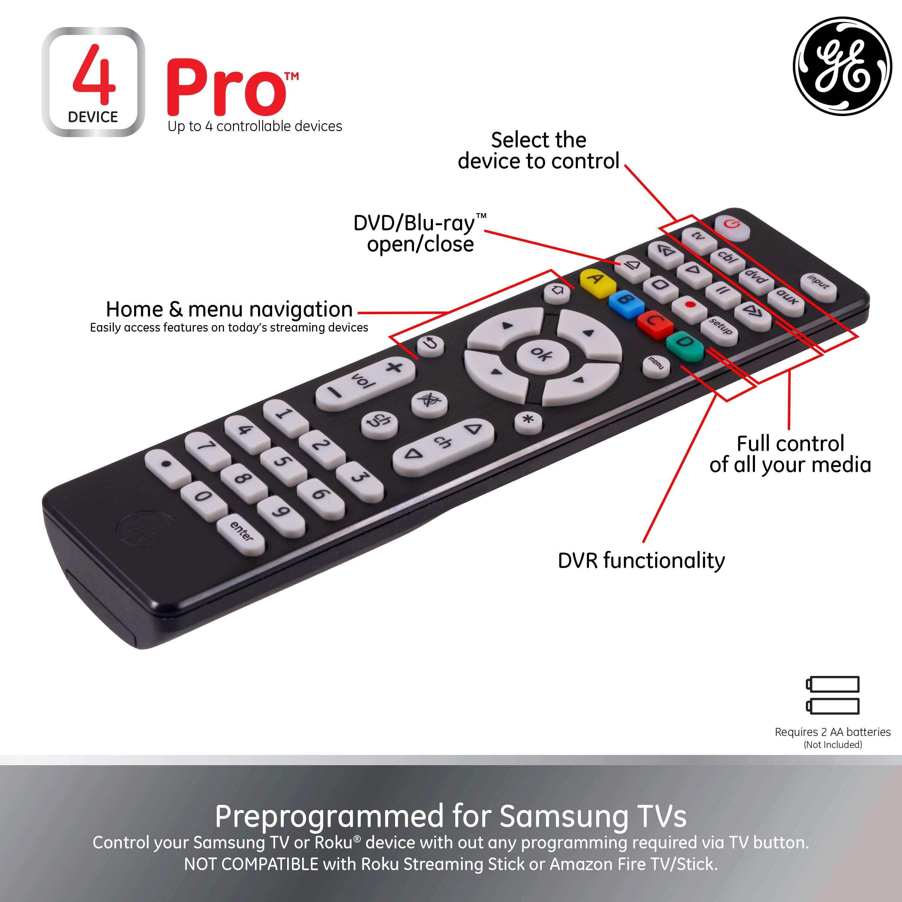 GE 4-Device Universal Remote, Brushed Black