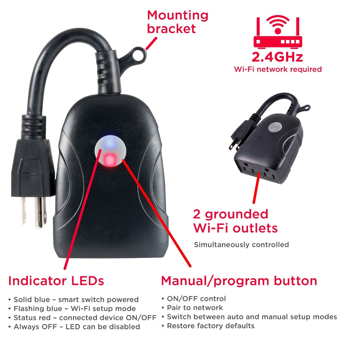 UltraPro Outdoor Plug-In 2-Outlet WiFi Smart Switch, Black