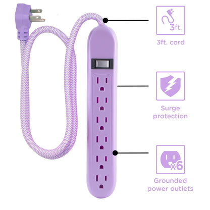 Cordinate 6-Outlet 3ft. Surge Protector with Braided Cord, Lavender/White