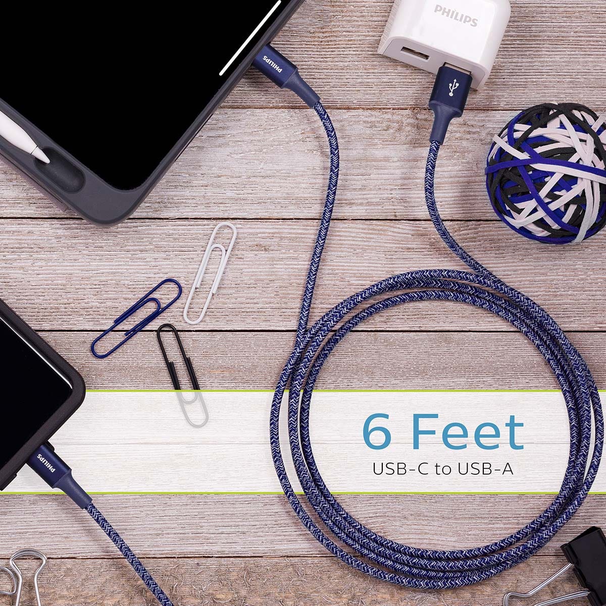 Philips 6ft. USB-A to USB-C Braided Charging Cable, Blue