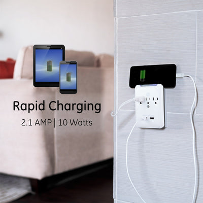 GE 3-Outlet 2-USB Wall Tap with Surge Protection, White