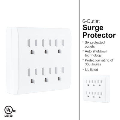 GE 6-Outlet Wall Tap with Surge Protection, White
