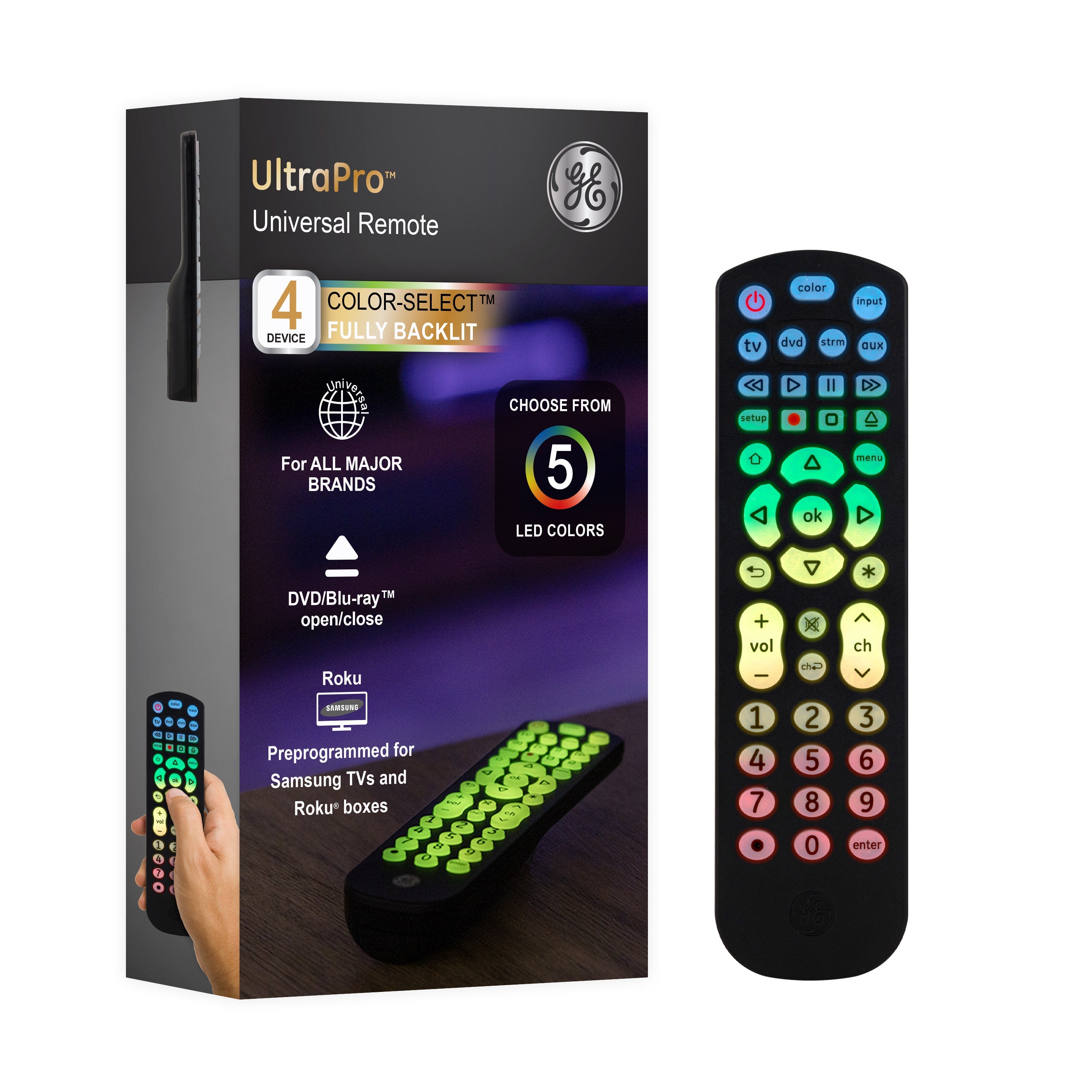 GE UltraPro 4-Device Color Changing Backlight Universal Remote, Black