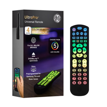 GE UltraPro 4-Device Color Changing Backlight Universal Remote, Black