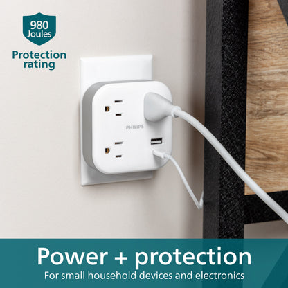 Philips 3-Outlet 1 USB-A 1 USB-C Wall Tap with Surge Protection, White