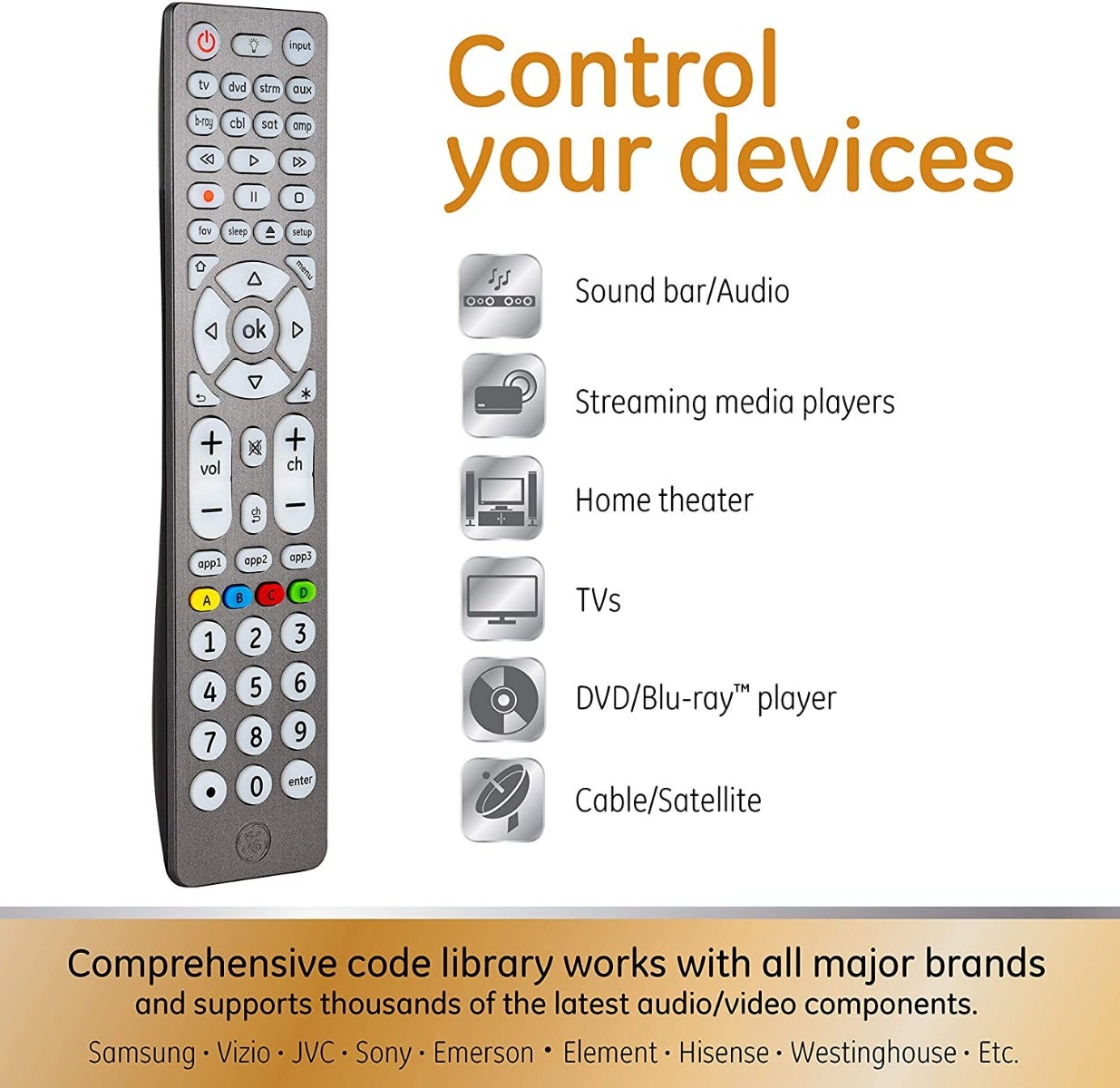 GE 8-Device Backlit Universal Remote, Brushed Graphite