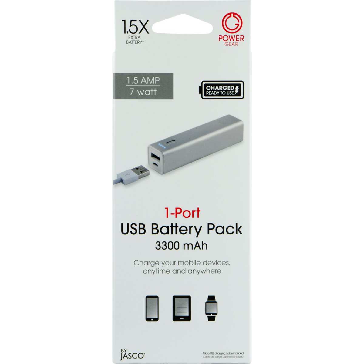 Power Gear 1-USB Charging Battery Pack, 3300mAh, Gray
