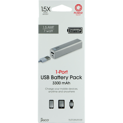 Power Gear 1-USB Charging Battery Pack, 3300mAh, Gray