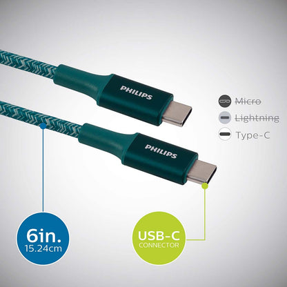 Philips 6in. USB-C to USB-C Braided Charging Cable, Emerald