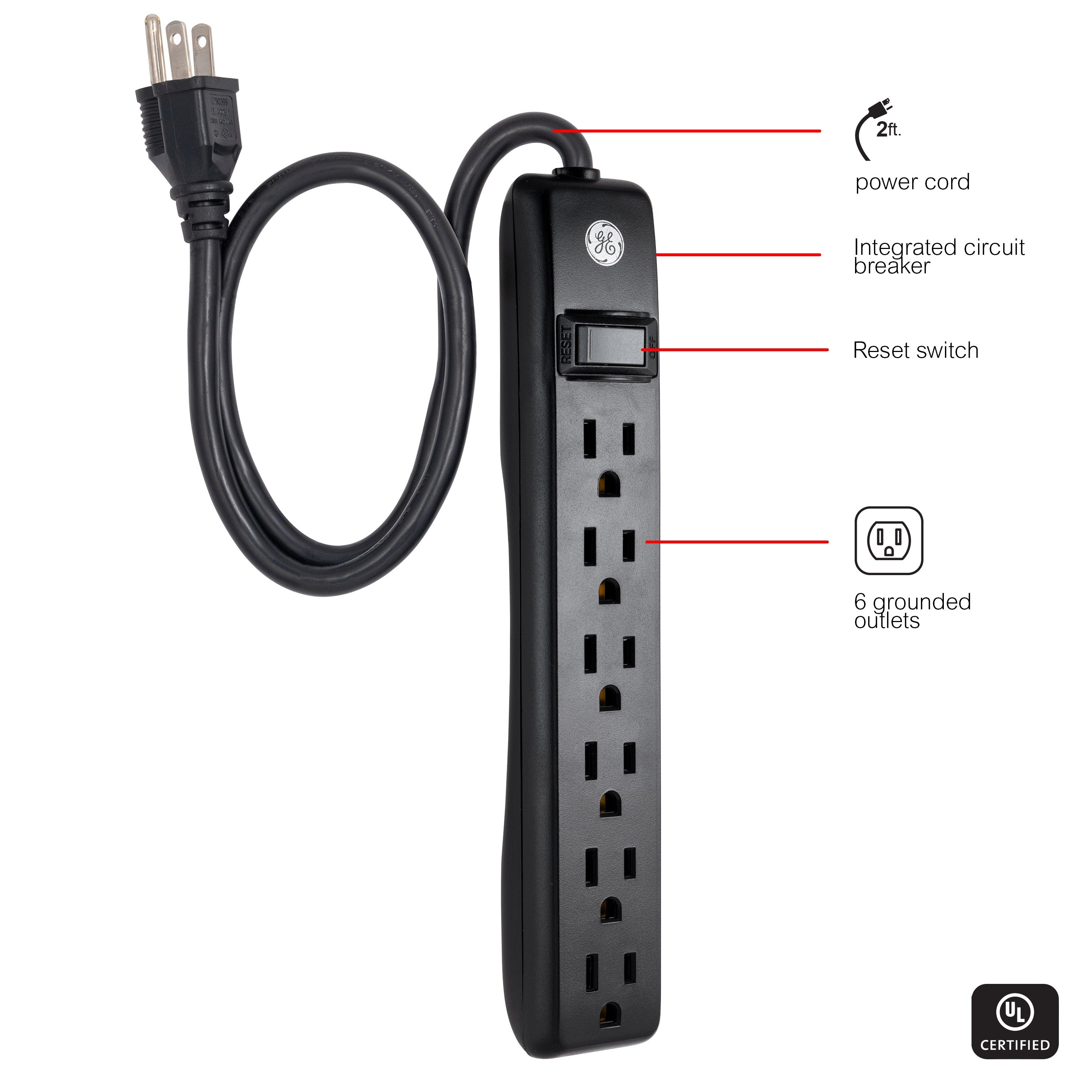 GE 6-Outlet 2ft. Power Strip, 2 Pack, Black