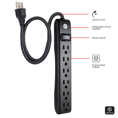 GE 6-Outlet 2ft. Power Strip, 2 Pack, Black