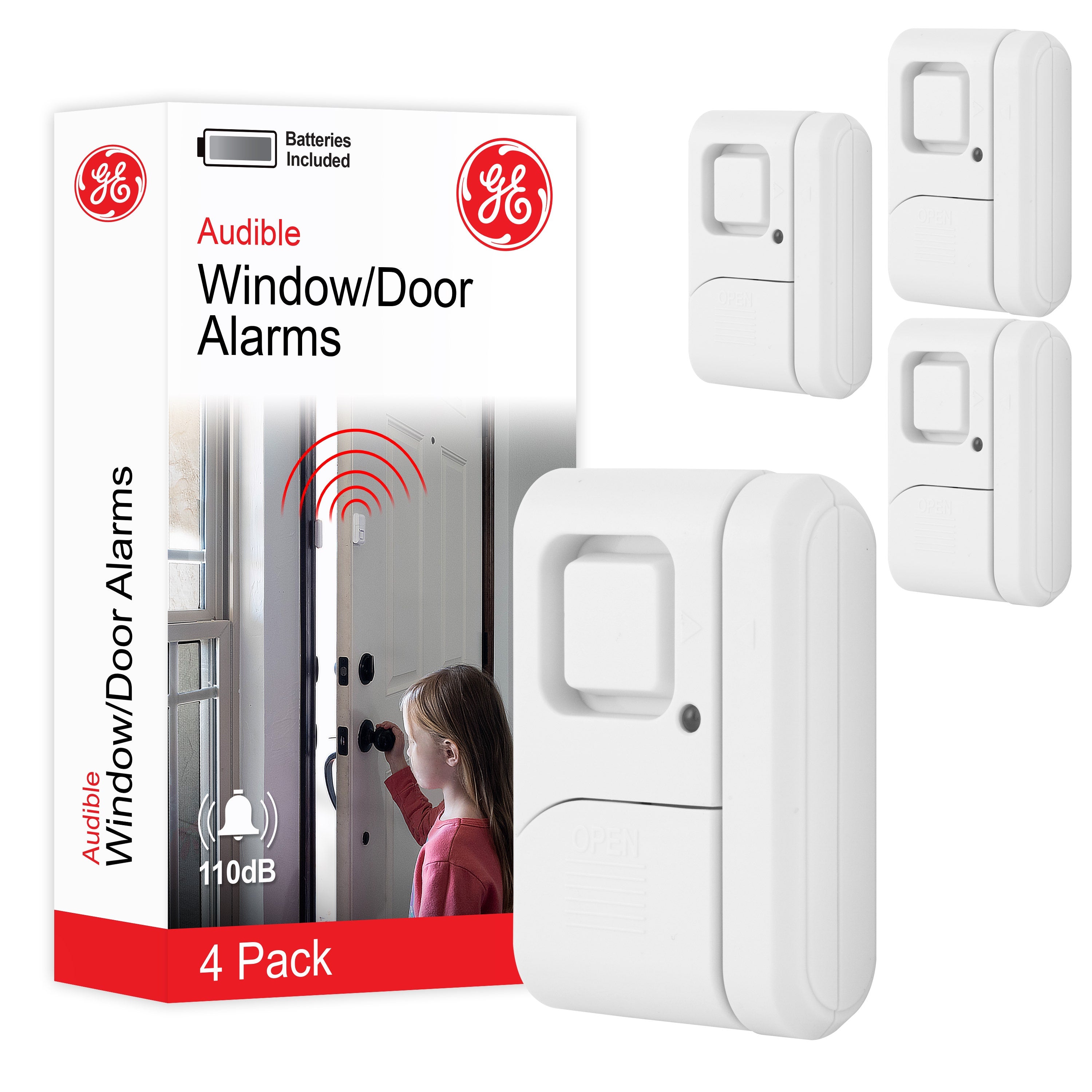 GE Battery Operated Magnetic Window or Door Alarm, 4 Pack, White