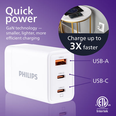 Philips AC Charger, 1 USB-A, 2 USB-C Port, GaN, 65W, White