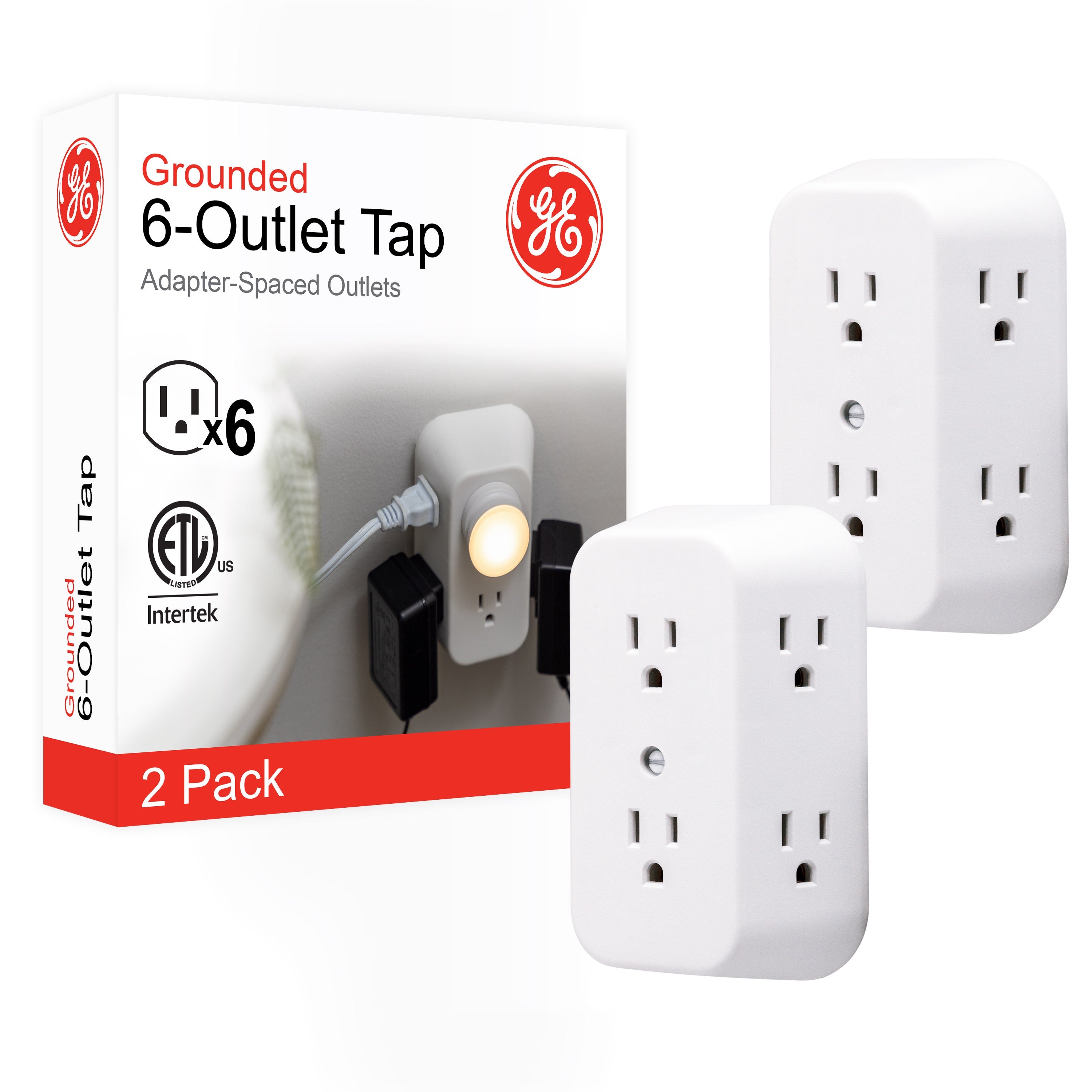 GE 6-Outlet Wall Tap, 2 Pack, White