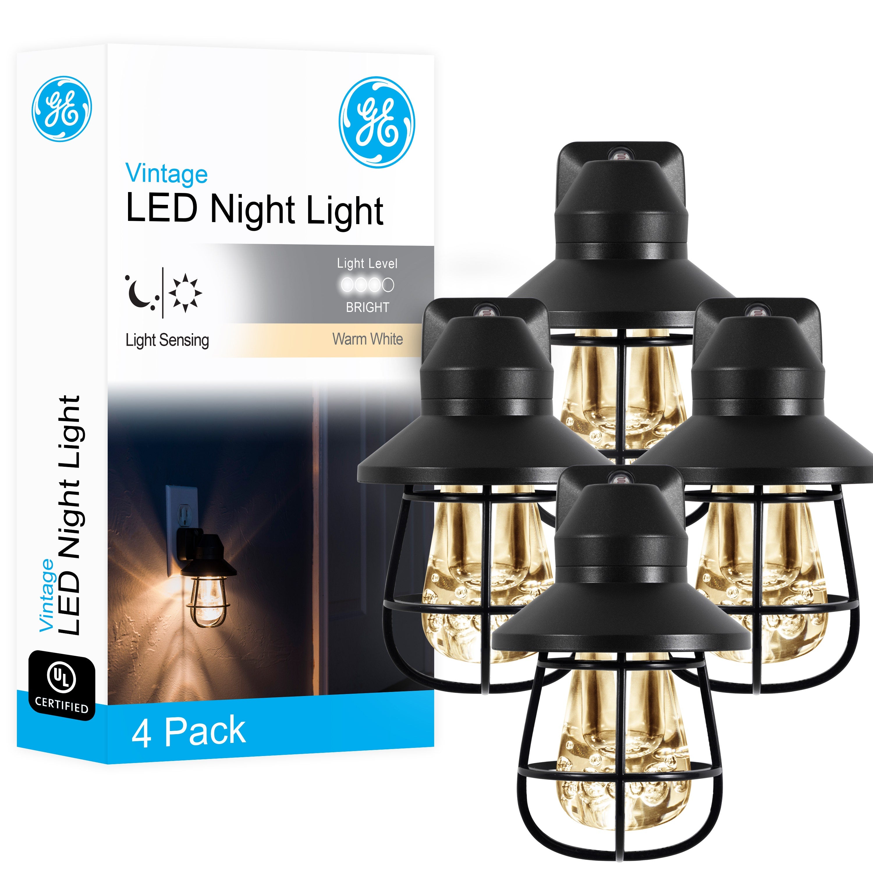 GE Vintage Cage Frame Light Sensing LED Night Light, 4 Pack, Black