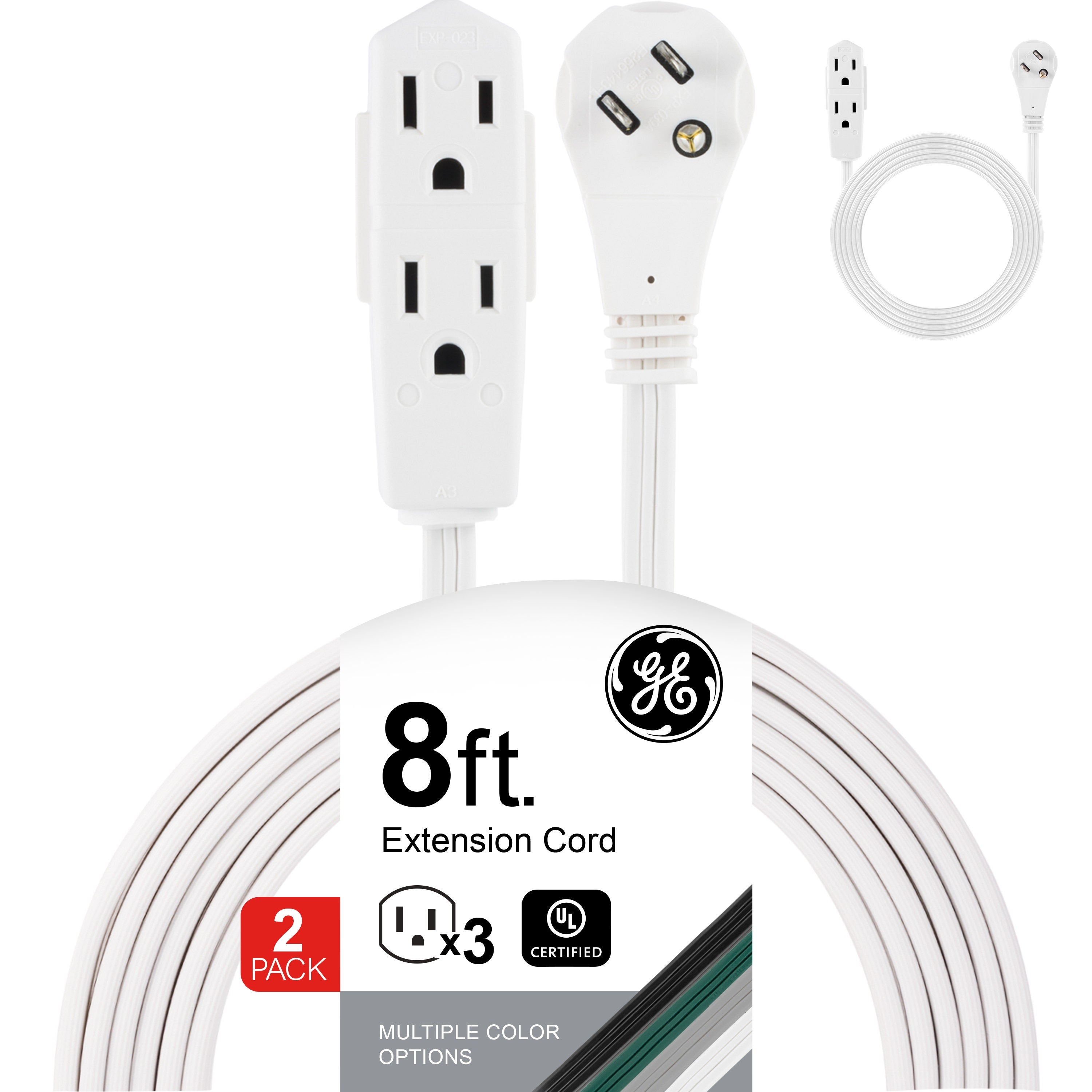 GE 3-Outlet 8ft. Extension Cord with Right-Angle Plug, 2 Pack, White