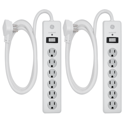 GE 6-Outlet 6ft. Surge Protector With Twist-To-Close Safety Covers, 2 Pack, White