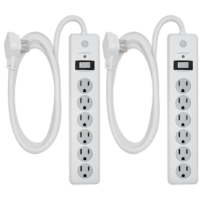GE 6-Outlet 6ft. Surge Protector With Twist-To-Close Safety Covers, 2 Pack, White