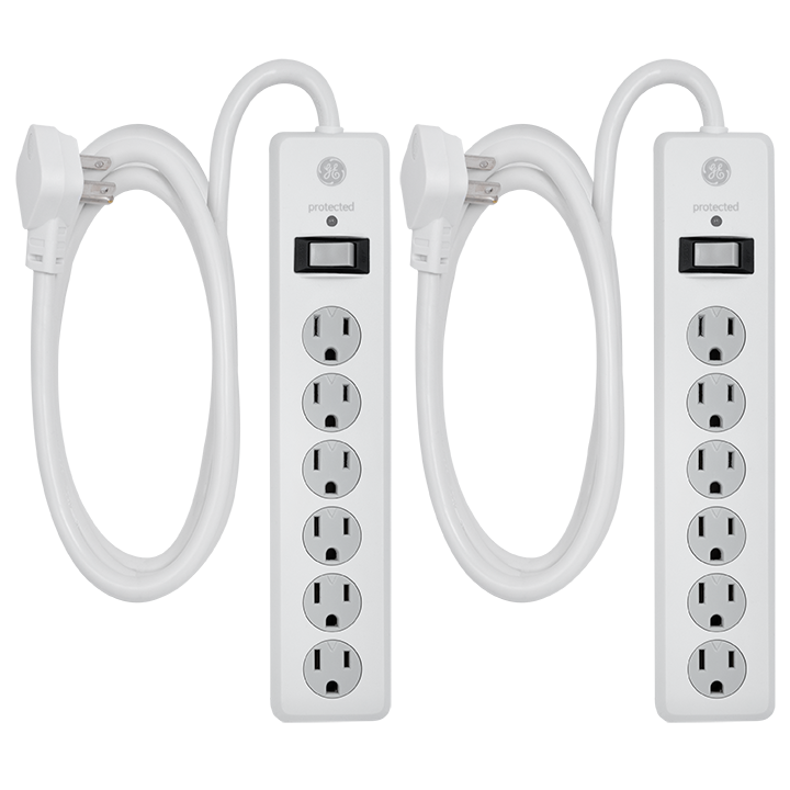 GE 6-Outlet 6ft. Surge Protector With Twist-To-Close Safety Covers, 2 Pack, White