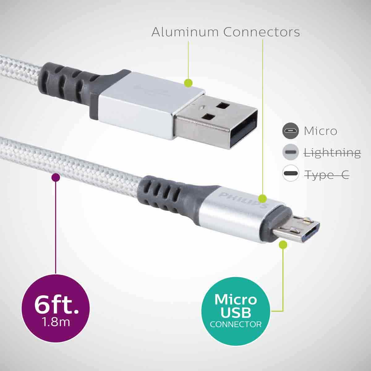 Philips 6ft. USB-A to Micro USB Braided Charging Cable, Silver