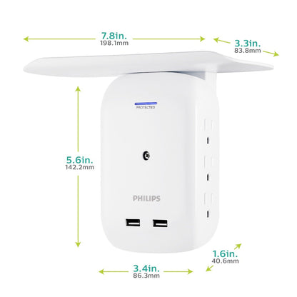 Philips 6-Outlet 2-USB Wall Tap with Surge Protection and Device Shelf, White