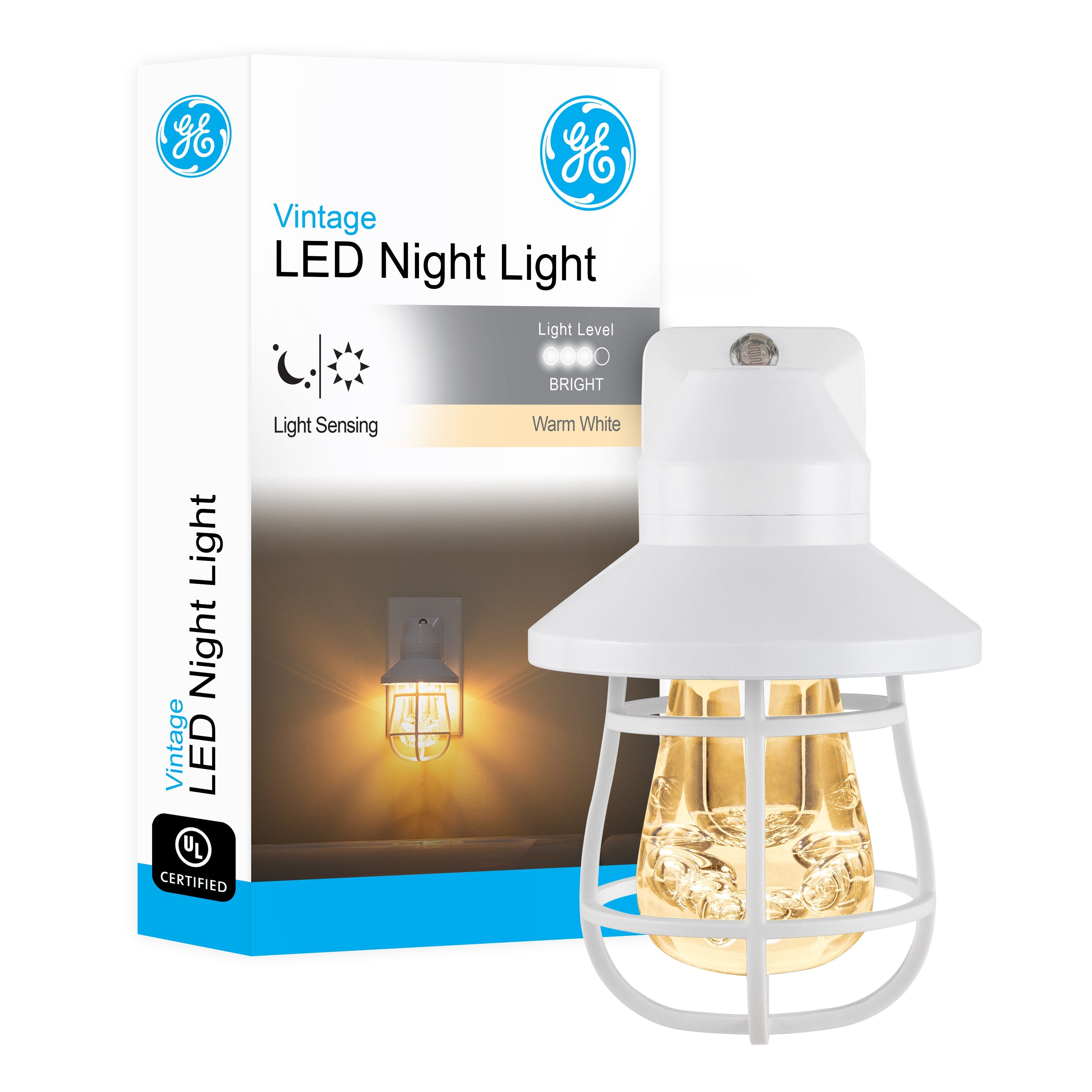 GE Vintage Cage Frame Light Sensing LED Night Light, White