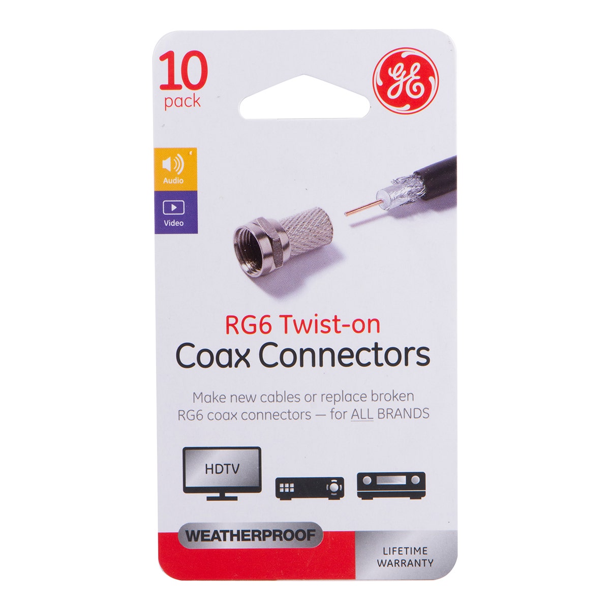 GE RG6 Twist-On F Connectors, Silver, 10 Pack