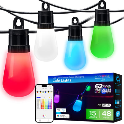 Enbrighten WiFi VIBE Color-Changing Lightweight LED Cafe Lights, 15 Plastic Bulbs, 48ft. Black Cord