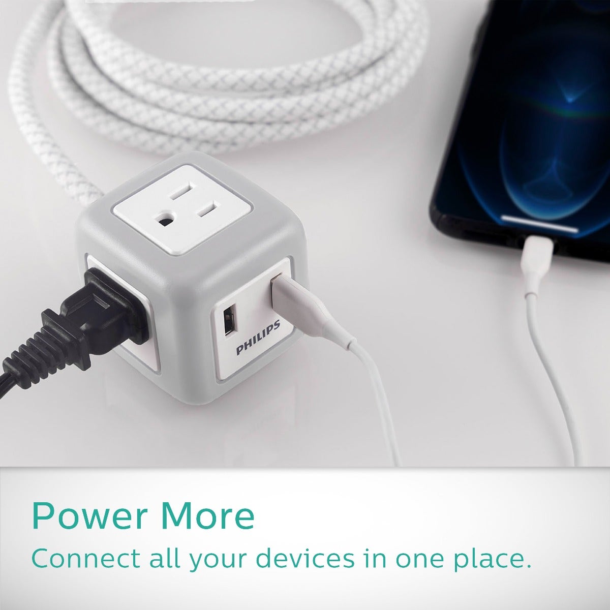 Philips 3-Outlet 2-USB 10ft. Extension Cord with Rubberized Cube, Gray/White