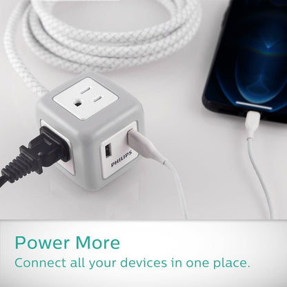 Philips 3-Outlet 2-USB 10ft. Extension Cord with Rubberized Cube, Gray/White