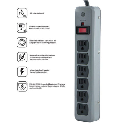 GE 6-Outlet 8ft. Surge Protector with Slide-to-Close Safety Covers, Gray