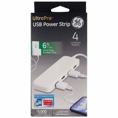 GE UltraPro 4-USB 6ft. Power Strip with Braided Cord, White