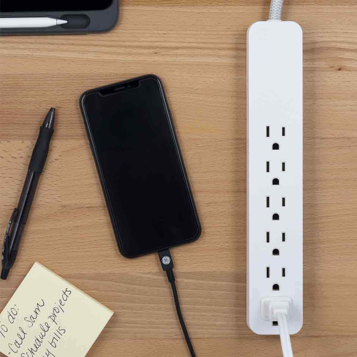 GE 6-Outlet 3ft. Surge Protector with Braided Cord, White