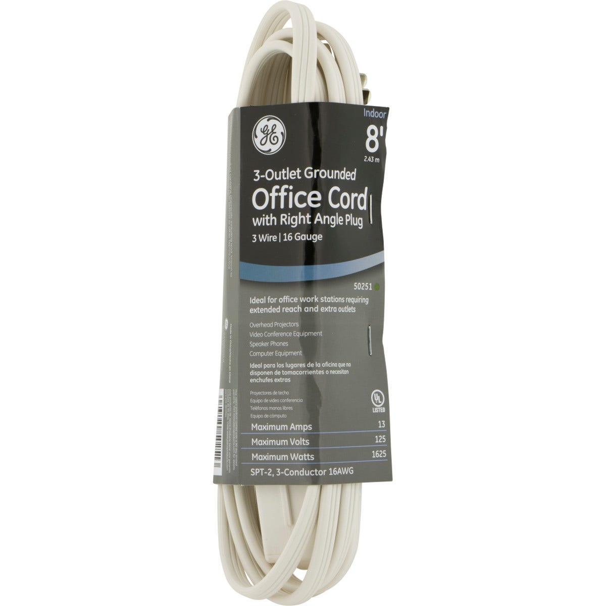 GE 3-Outlet 8ft. Indoor Extension Cord with Right-Angle Plug, White