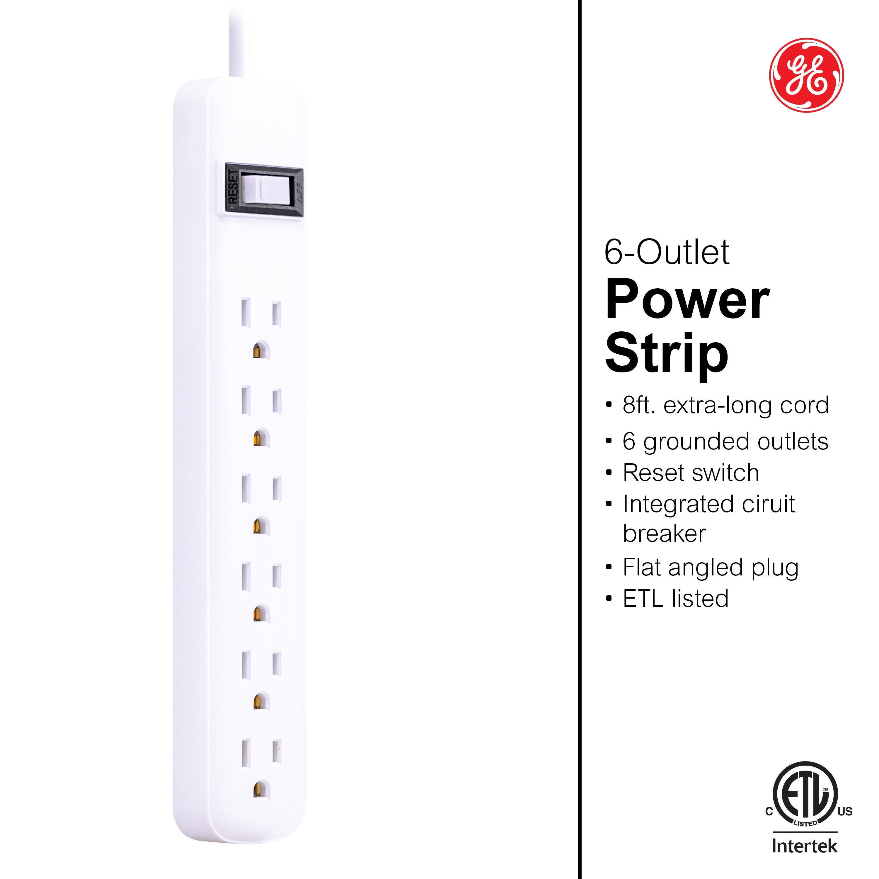 GE 6-Outlet 8ft. Power Strip, White