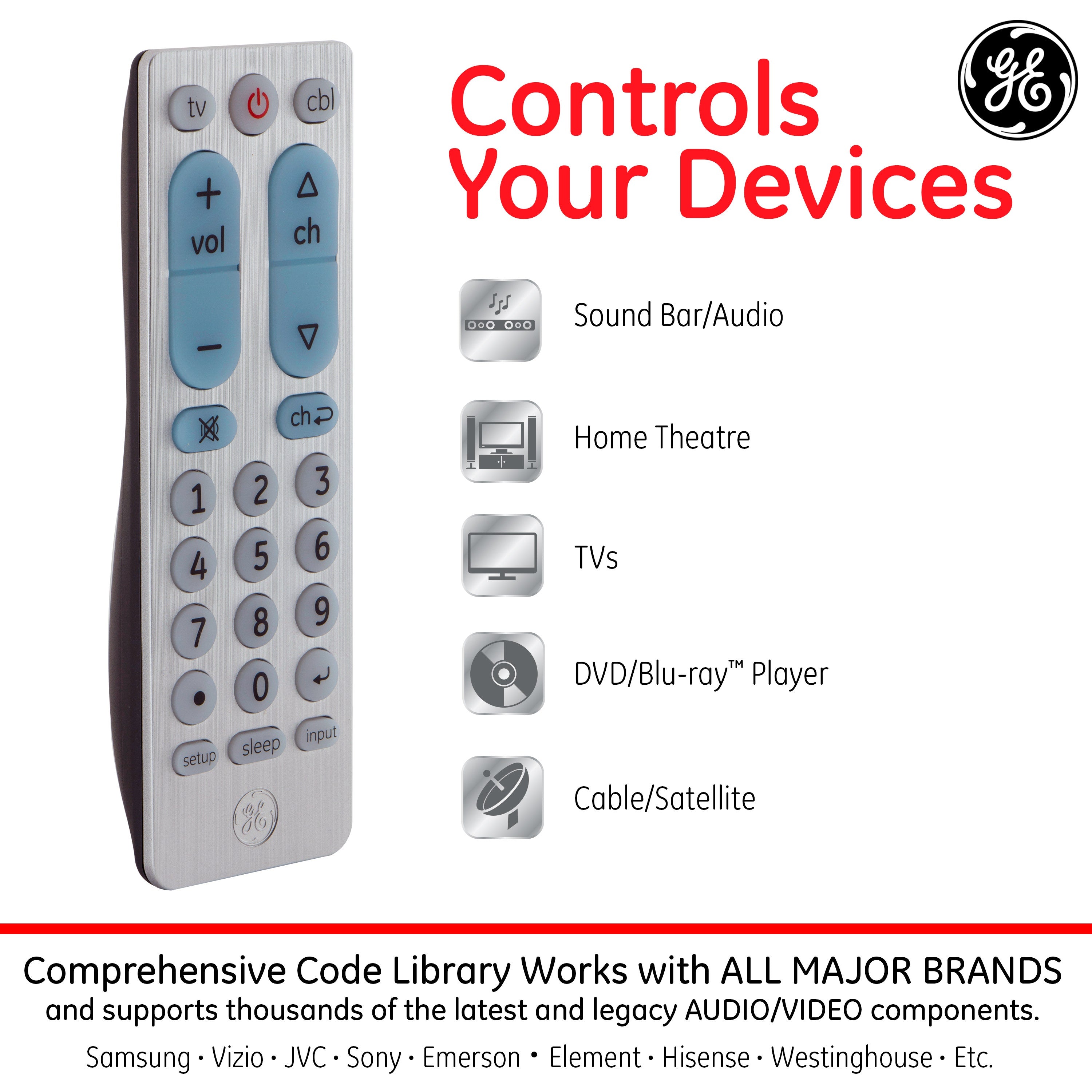 GE 2-Device Universal Remote, Brushed Silver