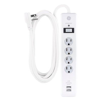 GE 4-Outlet 2-USB 8ft. Surge Protector With Twist-To-Close Safety Covers, White